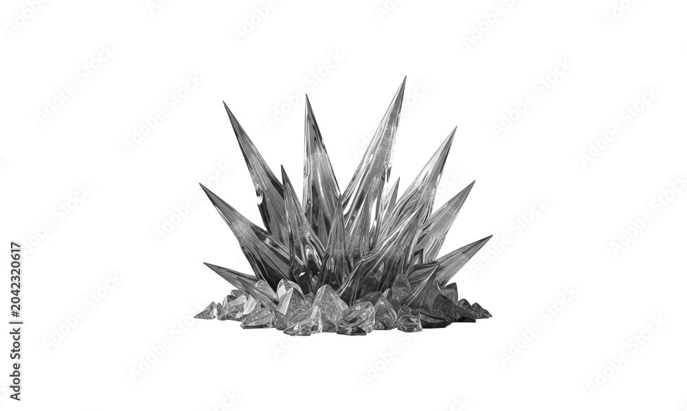 Fototapeta premium Dark crystal formation cluster with sharp obsidian shards isolated on transparent backdrop.