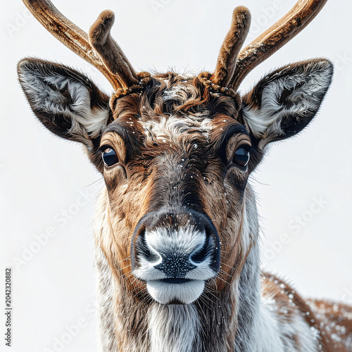 Close up of deer head with white sky in the background and.
