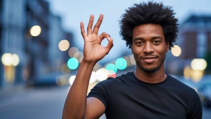 Young smiling African American man confidently making an 'OK' sign against a blurred city Wallpaper Background image