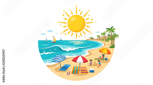 Summer beach scene with tropical ocean and umbrellas vacation tropical