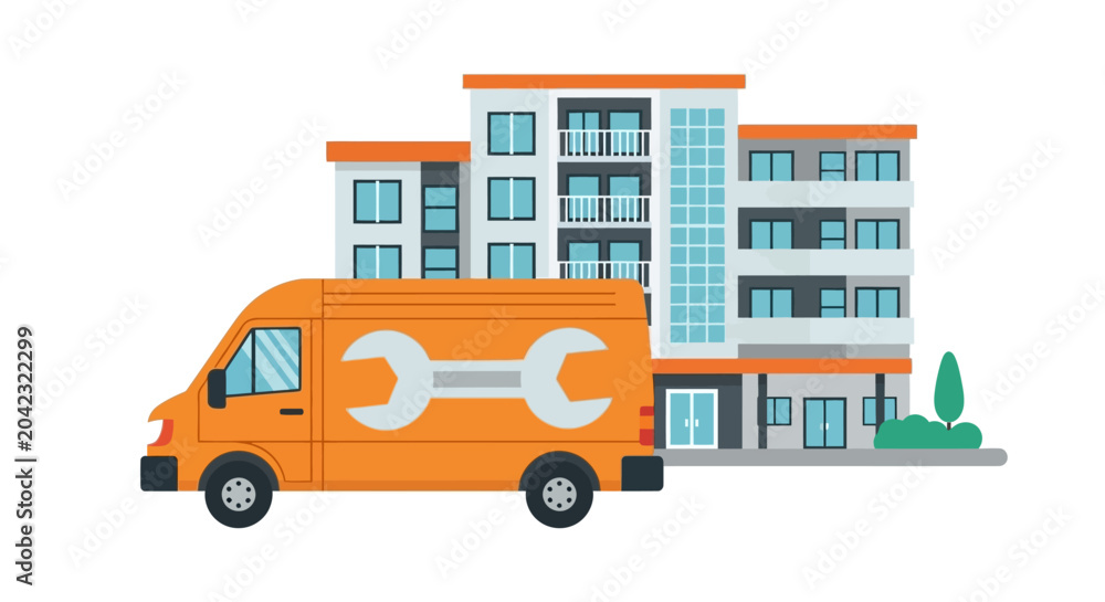 Fototapeta premium Professional Maintenance and Repair Service Van in front of Modern Residential Apartment Building Illustration