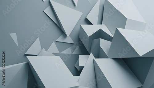 Abstract geometric background with light gray and white triangular shapes and cubes, representing design and art concepts
