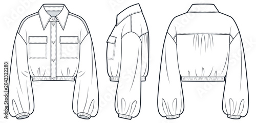 Obraz na plátně Women Cropped Shirt Fashion Flat Technical Drawing Template Featuring Flap Chest Pockets, Balloon Sleeves, Elastic Hem and Front Side Back Views