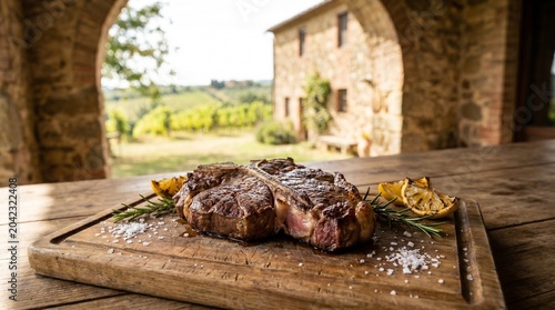 Juicy steak with herbs and citrus served on wooden board outdoors  