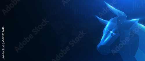 Billede på lærred The Power of the Bull: A luminous, stylized bull emerges from the darkness, its electric blue form radiating power and determination, symbolizing strength and financial markets