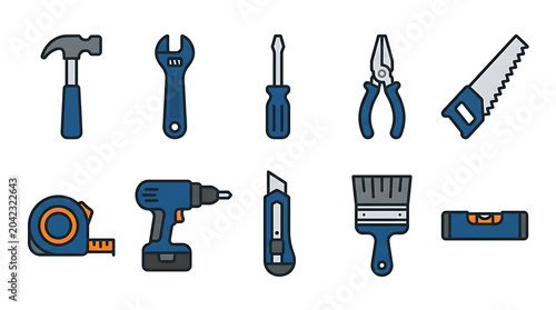 Set of construction tools for maintenance and home improvement with construction
