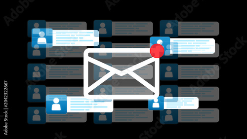 Email notification overload: An illustration depicts a central email icon surrounded by numerous stacked message notifications, signifying an overwhelming influx of digital communication.