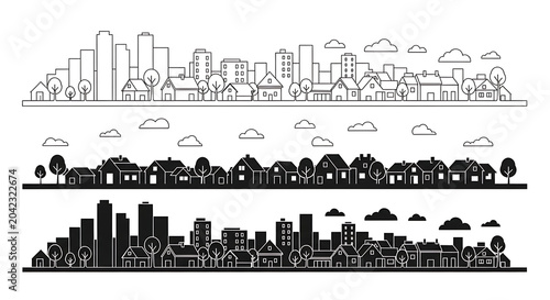 City skyline and suburban housing architecture silhouettes set with buildings architecture suburban silhouette landscape neighborhood metropolis structures downtown panorama collection