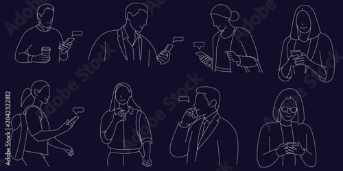 People Using Smartphones and Mobile Communication, People Interacting with Mobile Devices, Hand Drawn in Thin Line Style