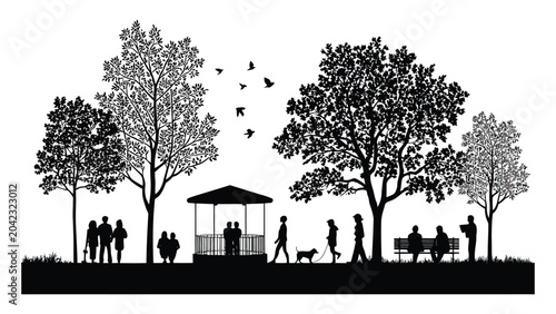 Fotografía Park scene features silhouettes of people enjoying leisure time near a gazebo and large trees