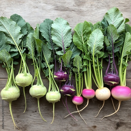 Vibrant assorted kohlrabi vegetables with lush green tops, arranged on a rustic wooden surface