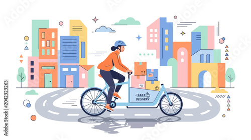 Man riding bicycle with delivery box.