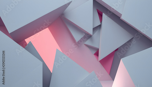 Dynamic interplay of angular white forms and subtle pink illumination in a contemporary geometric abstract artwork, creating a striking visual depth and modern design appeal