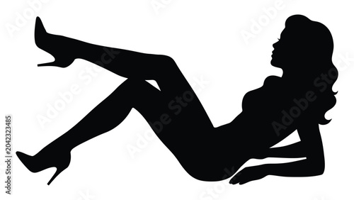 Quadro su tela Woman silhouette reclines on the ground wearing high heels while resting on one arm in a glamorous and relaxed posture