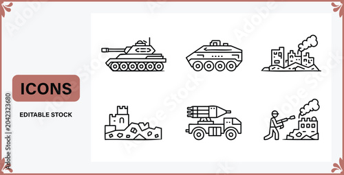 Bild auf Leinwand A comprehensive collection of military and warfare themed line icons depicting t
