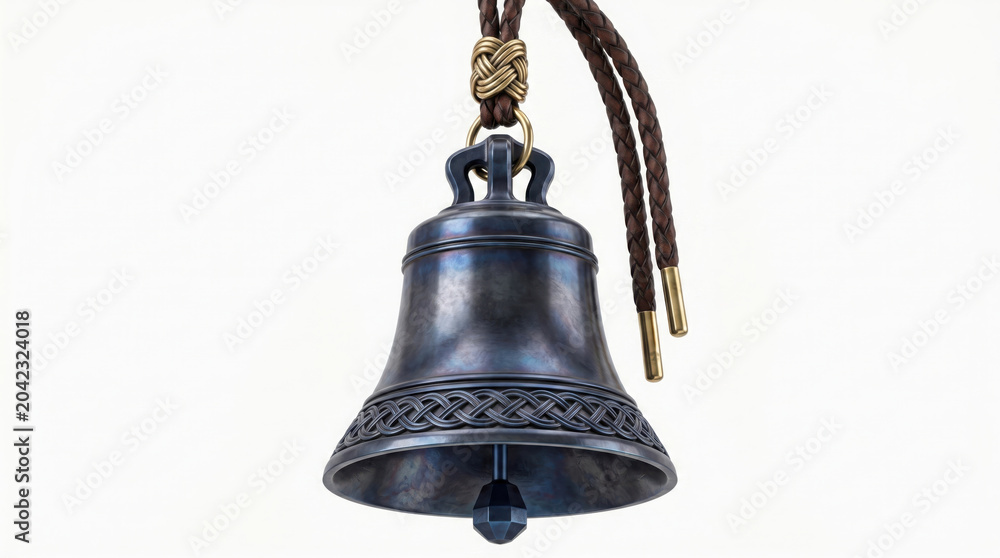 Obraz premium A dark metal bell with a braided brown leather cord and a decorative celtic knot generated using ai