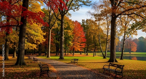 Vibrant autumn park pathway lined with colorful trees and benches, evoking serene beauty