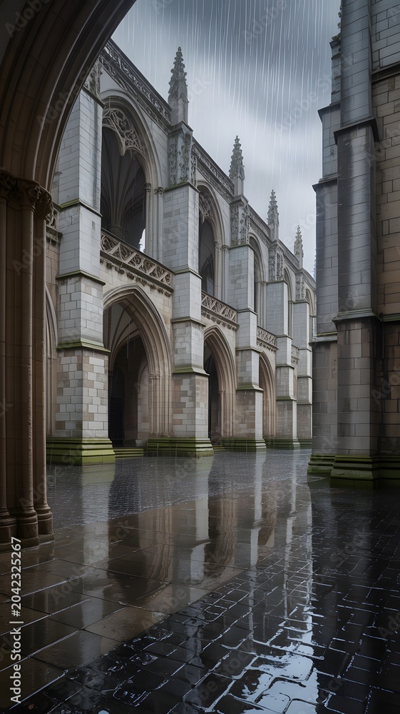 Obraz premium Gothic cathedral with rainstorm and reflections on wet stone surface during daytime