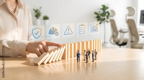 Business risk management strategy with domino effect and icons