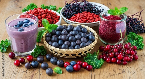 Vibrant assortment of fresh berries, smoothie, and dried fruits, healthily arranged