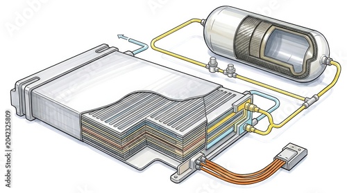 Hybrid Vehicle Battery and Fuel System Technical Marker Illustration