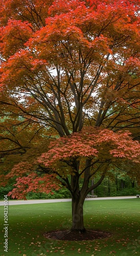 Vibrant autumn tree ablaze with fiery orange and red foliage, set against green grass