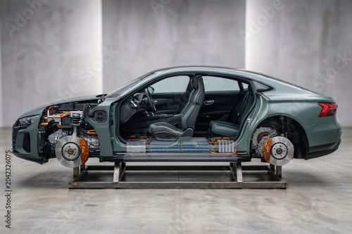 Photorealistic Side Cutaway of an Electric Sedan Platform