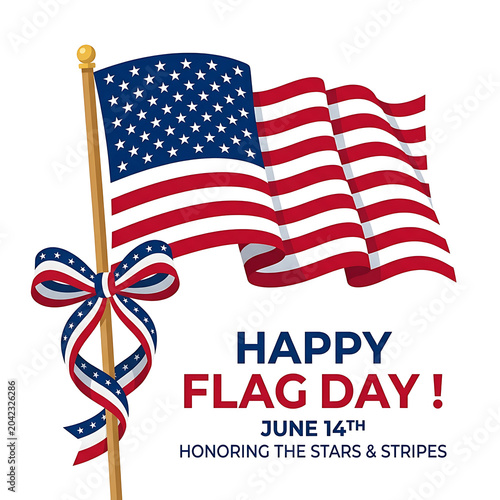 Happy flag day greeting card with american flag and bow american patriotic