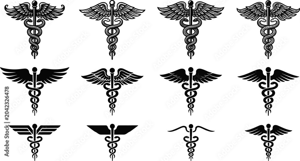 Fototapeta premium Caduceus symbol illustration collection featuring stylized serpents and wings representing medicine, healthcare, commerce, and classical mythology themes