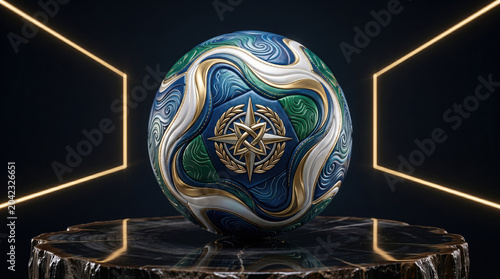 A soccer ball with blue, green, and gold swirling patterns on a dark wooden generated using ai