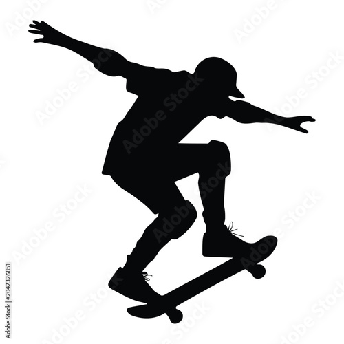 Photos Skater silhouette performing trick on skateboard, extreme sport, urban culture, dynamic action