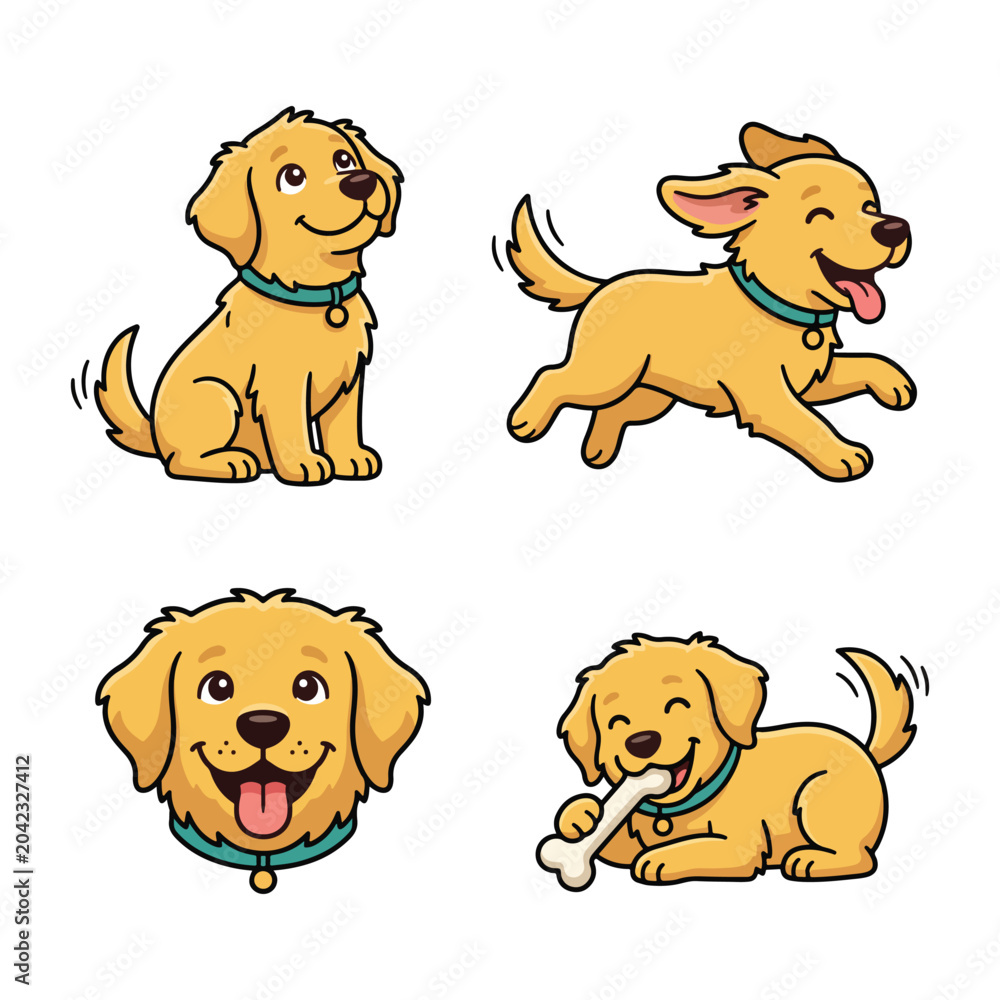 Obraz premium Cute golden retriever puppy cartoon character set with sitting running smiling avatar and chewing bone poses