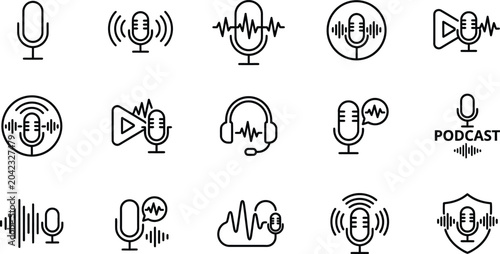 Foto Black line vector icon set of podcast microphones featuring audio waves headphon