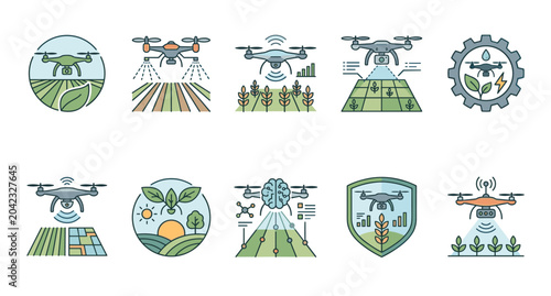 Agricultural drones and smart farming technology icons depict automated crop spraying, field monitoring, and data-driven cultivation.