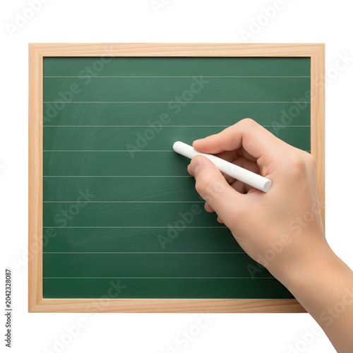 Hand writing on green chalkboard with white chalk isolated on white background