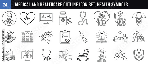 24 Medical and Healthcare Outline Icon Set, Health Symbols