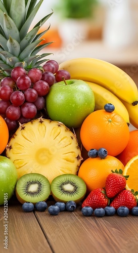 Vibrant assortment of fresh, ripe fruits, including pineapple, bananas, apples, and berries