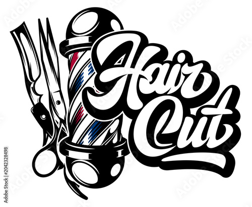 Classic Barbershop Pole with Scissors and Hair Cut Text for Salon and Hairdressing Businesses.