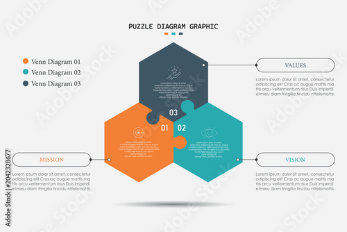 Puzzle diagram infographic chart template for business 3, 4, parts, options, presentation with venn diagram elements vector illustration.