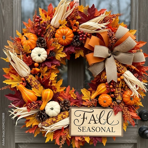Vibrant autumn wreath adorned with pumpkins, corn, leaves, and a seasonal sign