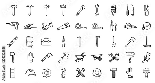 Fotografía Industrial Tools and Gears Outline Icon Set Professional Working Tool Kit Vector