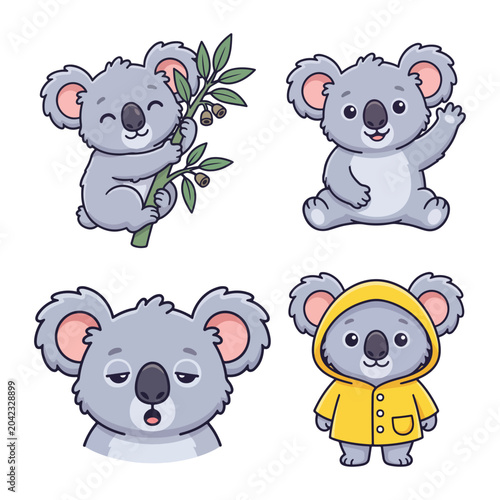Photography Adobe Cute koala bear cartoon character sticker set with climbing waving sleepy