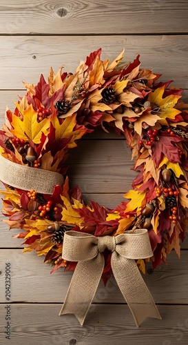 Vibrant autumn wreath with colorful leaves, pinecones, acorns, and berries on wood