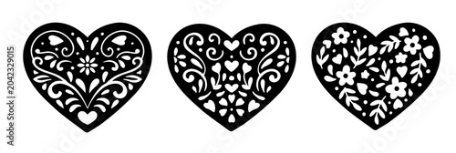 Beautiful floral lace silhouette vector heart. Heart stencil. Wedding and valentine illustration. Cute floral frame pattern