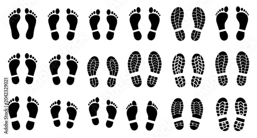 Tableau sur toile Footstep and Footprint Silhouette Collection Barefoot Sneaker and Shoe Track Vec