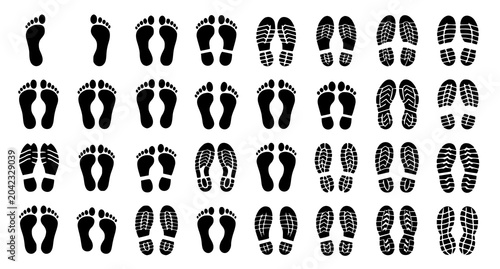 Fotografie Human Footprints Silhouette Icon Set Male Female Barefoot and Shoe Tracks Vector