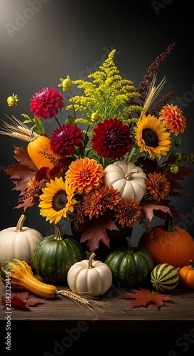Vibrant autumnal floral arrangement with pumpkins, gourds, and fall foliage