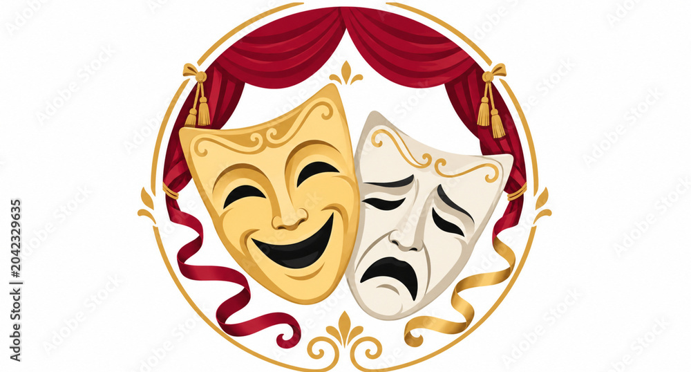 Obraz premium Classic comedy and tragedy theater masks vector with dramatic performance symbols