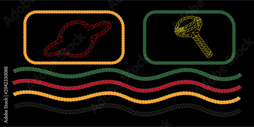 Schilderij op canvas Colorful rope arrangements heart coil and wavy lines on black background