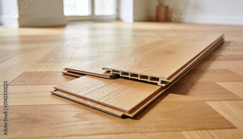 Close-up of new oak laminate flooring installation process with blurred background for text